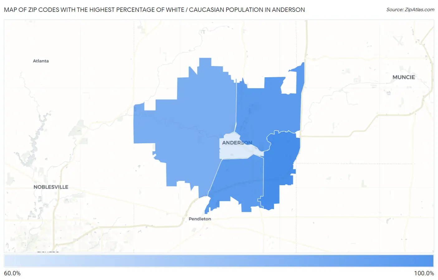 Zip Codes with the Highest Percentage of White / Caucasian Population in Anderson Map