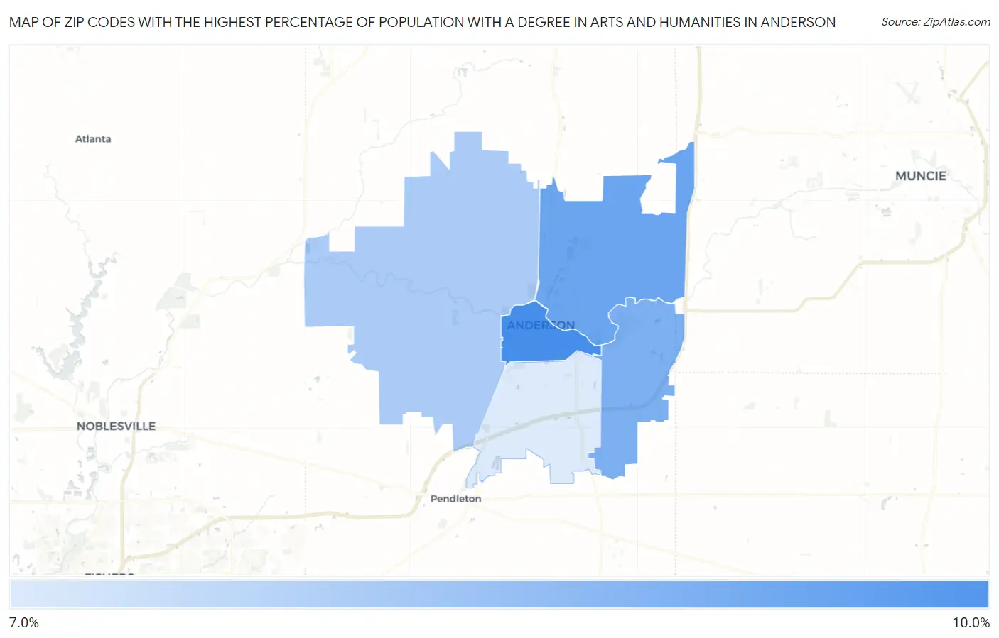 Zip Codes with the Highest Percentage of Population with a Degree in Arts and Humanities in Anderson Map