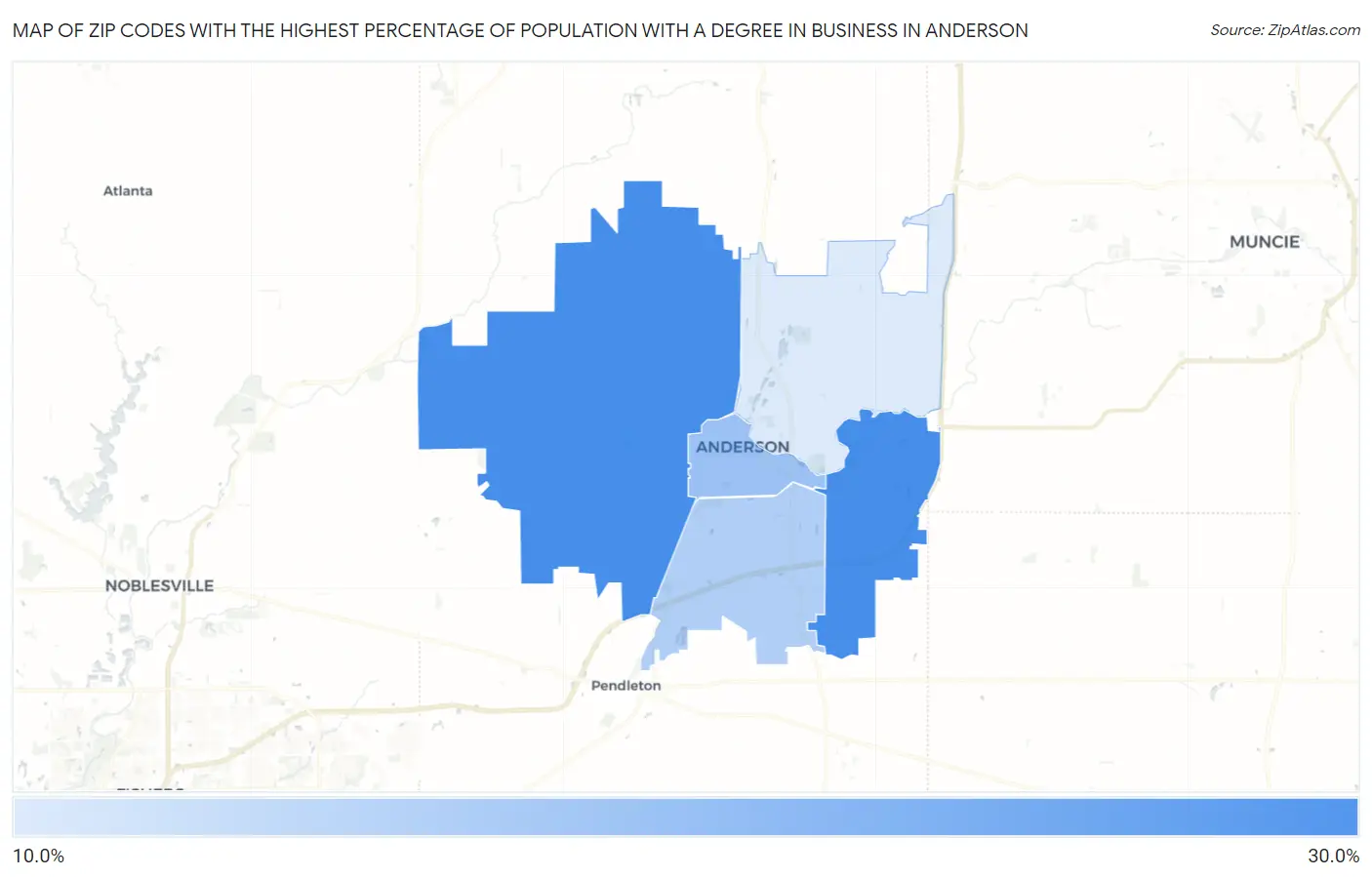 Zip Codes with the Highest Percentage of Population with a Degree in Business in Anderson Map