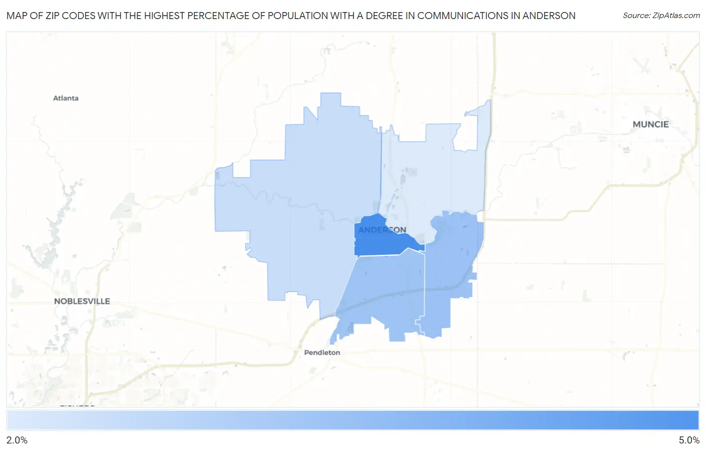 Zip Codes with the Highest Percentage of Population with a Degree in Communications in Anderson Map
