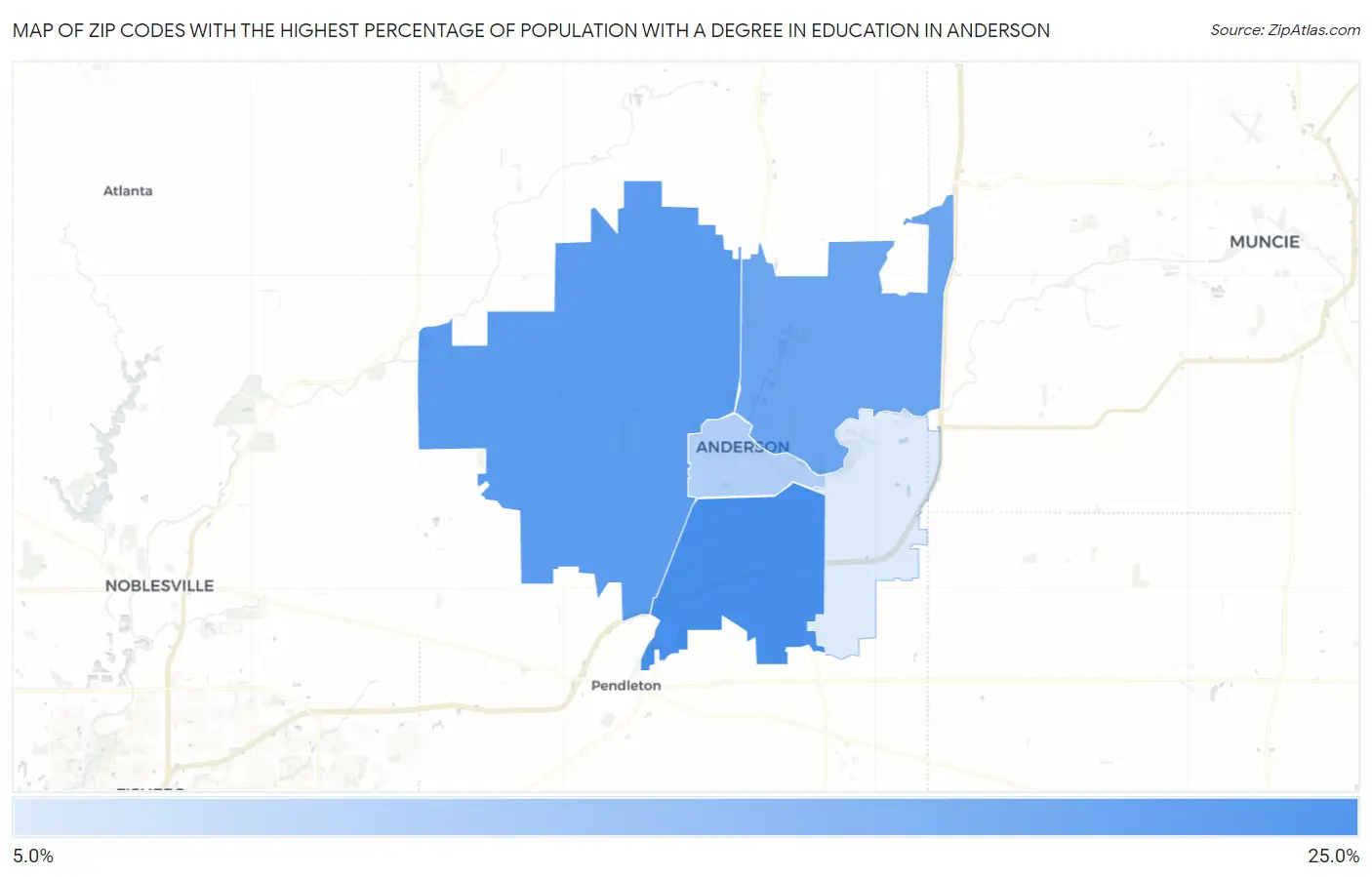 Zip Codes with the Highest Percentage of Population with a Degree in Education in Anderson Map