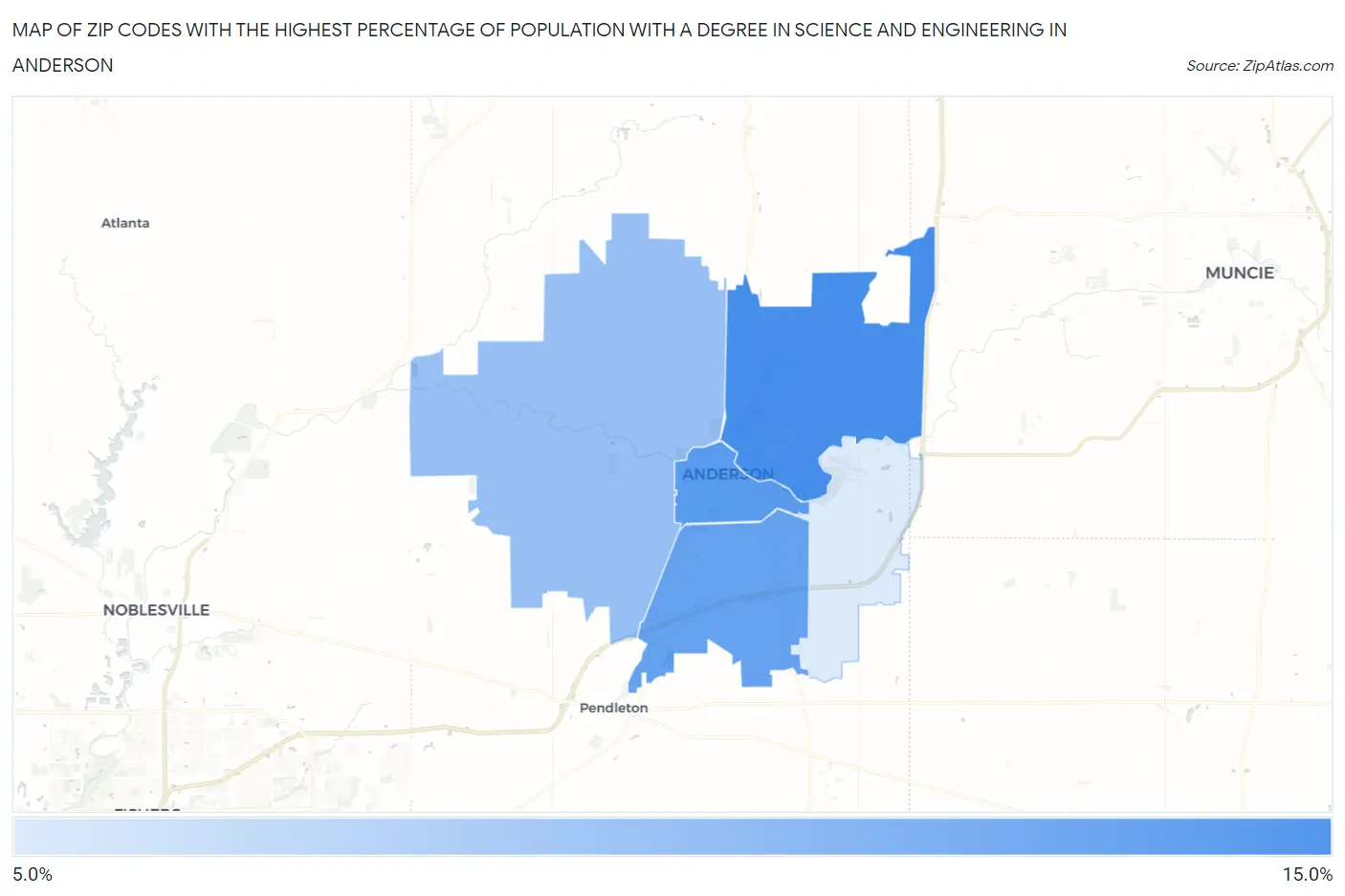 Zip Codes with the Highest Percentage of Population with a Degree in Science and Engineering in Anderson Map