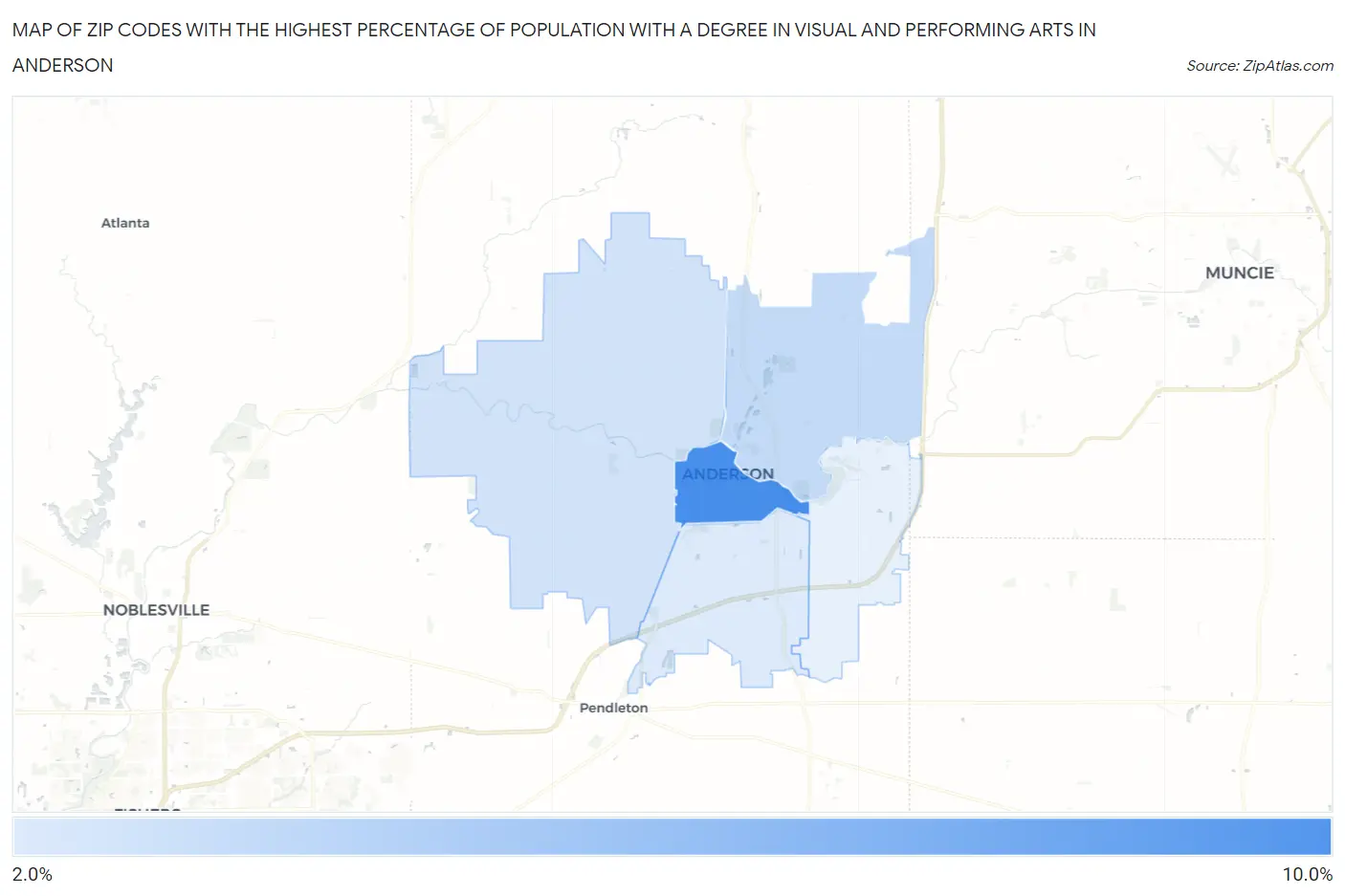 Zip Codes with the Highest Percentage of Population with a Degree in Visual and Performing Arts in Anderson Map