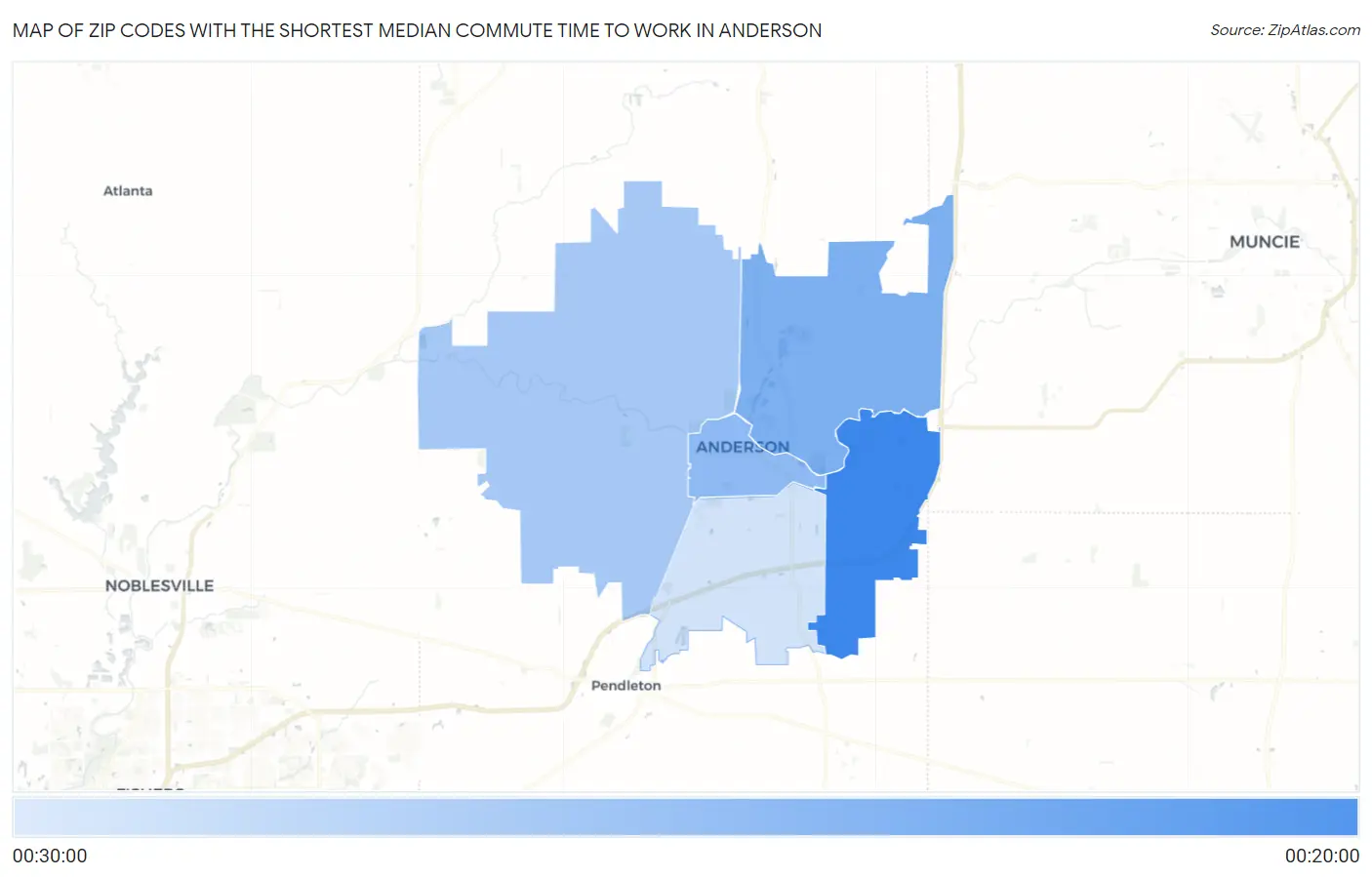 Zip Codes with the Shortest Median Commute Time to Work in Anderson Map