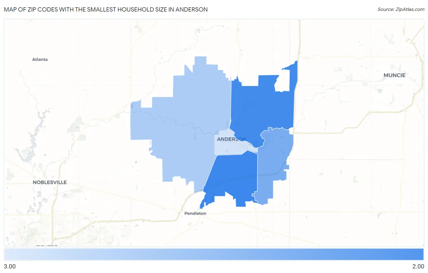 Zip Codes with the Smallest Household Size in Anderson Map
