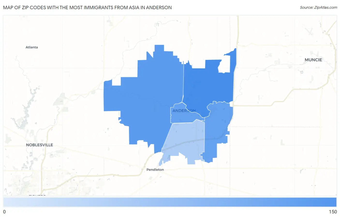 Zip Codes with the Most Immigrants from Asia in Anderson Map