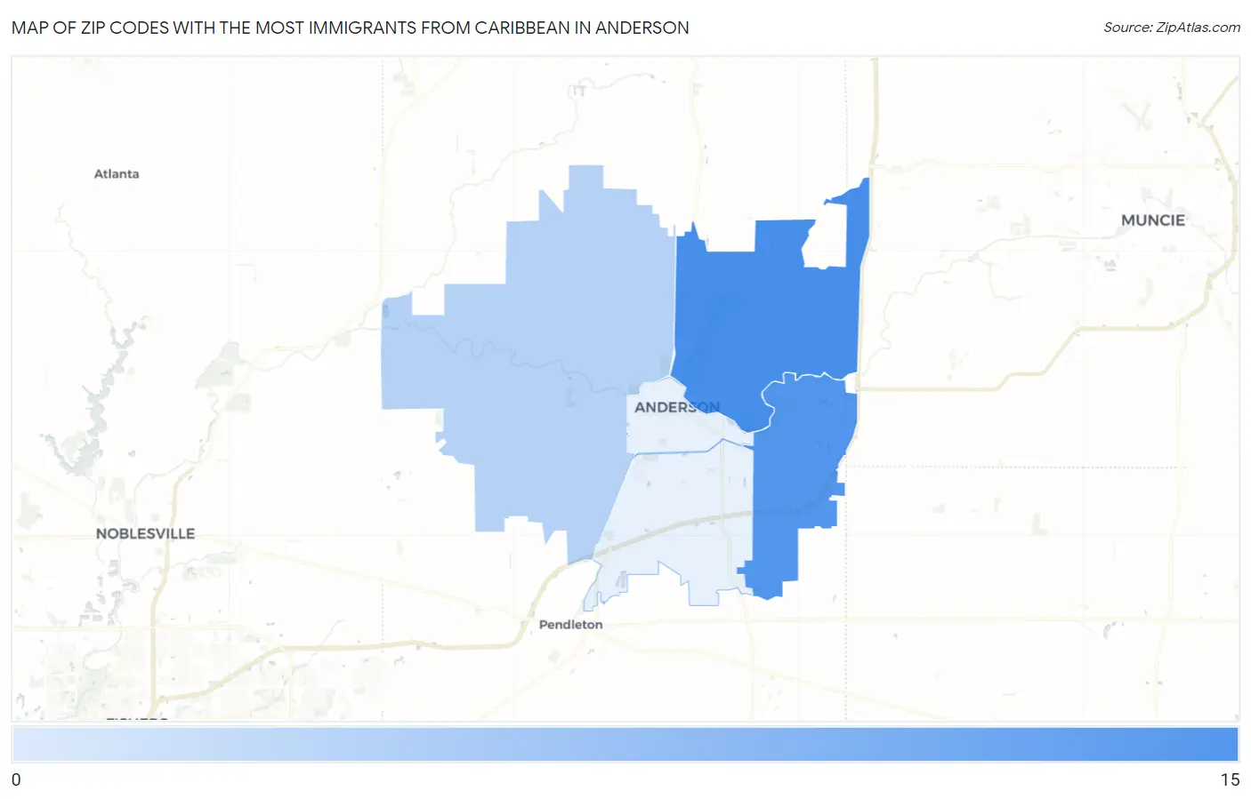 Zip Codes with the Most Immigrants from Caribbean in Anderson Map