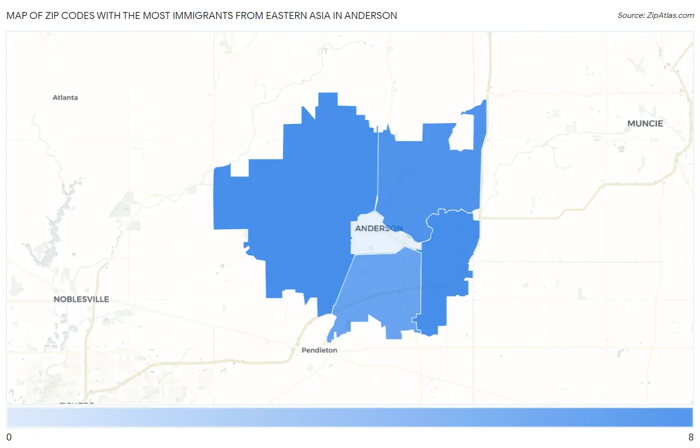 Zip Codes with the Most Immigrants from Eastern Asia in Anderson Map
