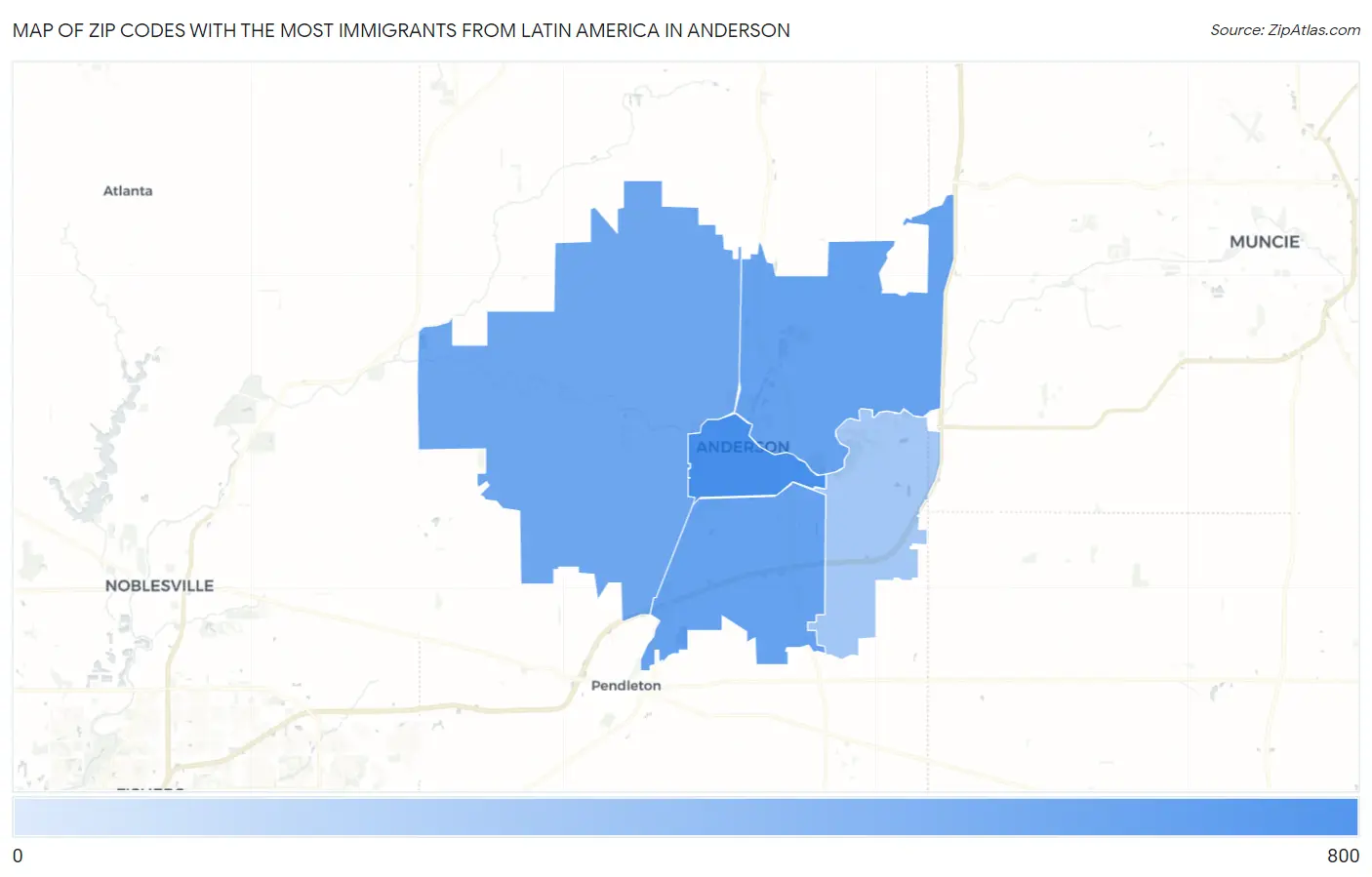 Zip Codes with the Most Immigrants from Latin America in Anderson Map