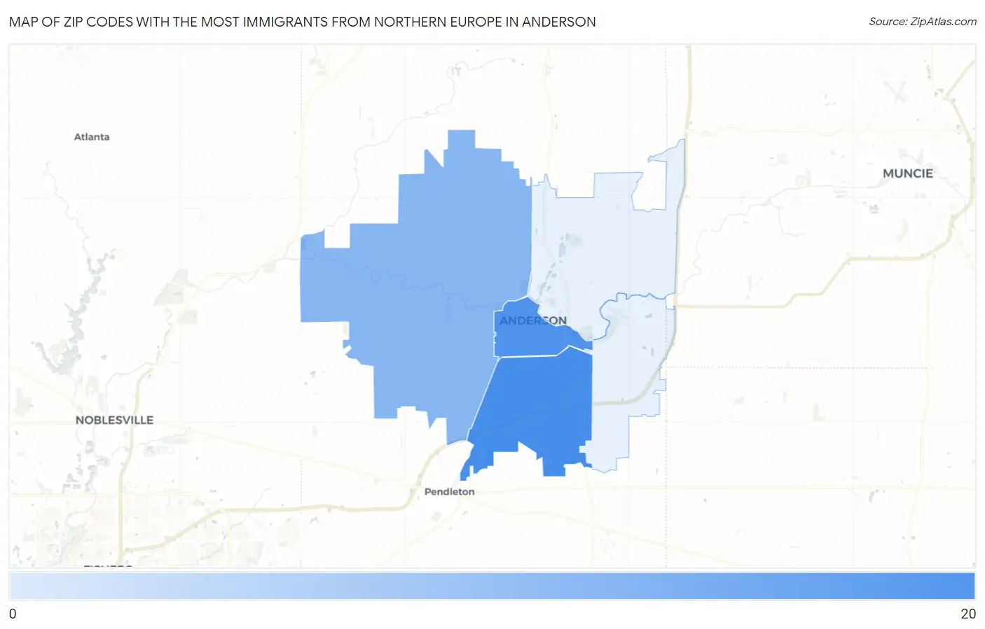 Zip Codes with the Most Immigrants from Northern Europe in Anderson Map