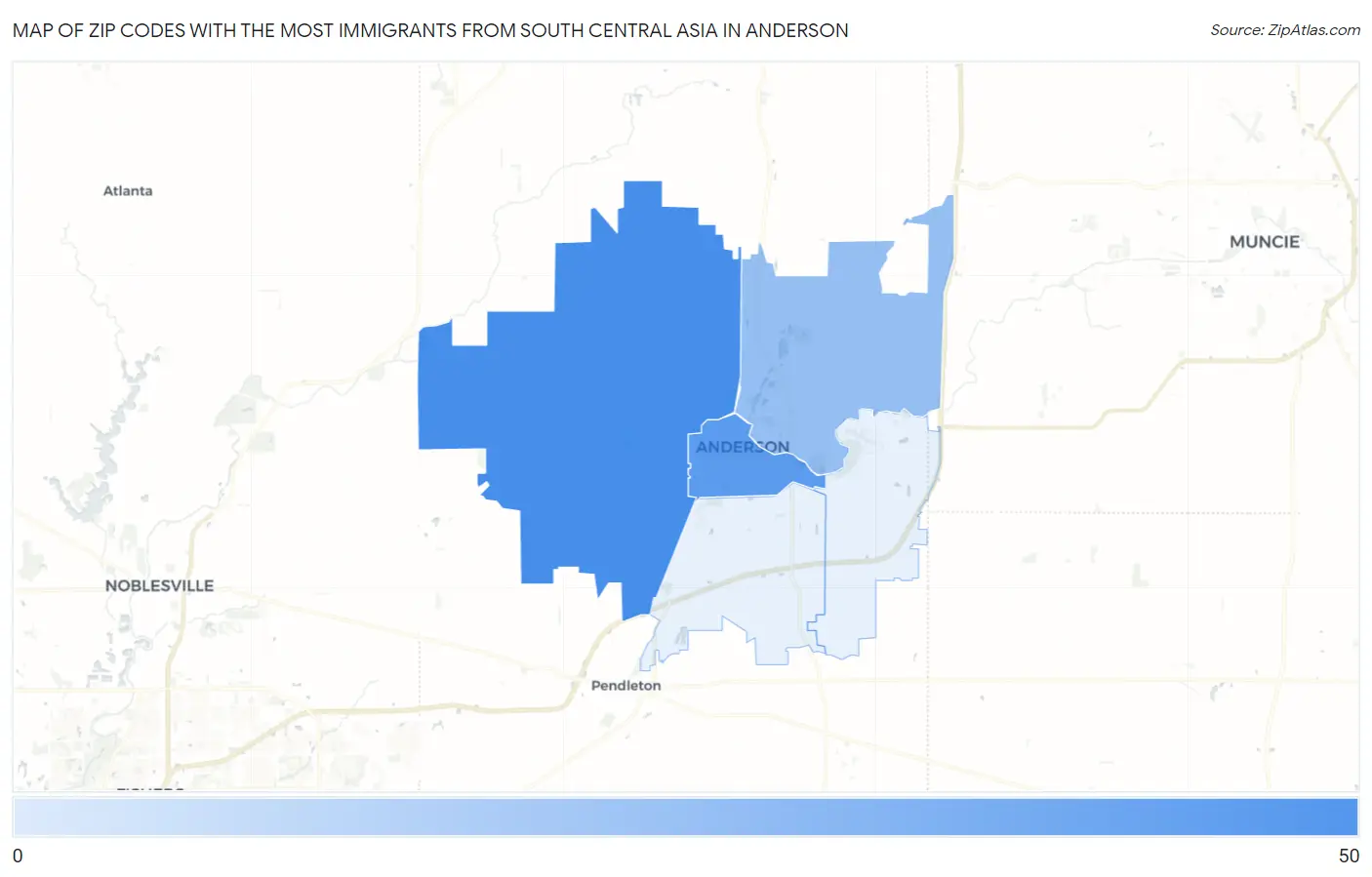 Zip Codes with the Most Immigrants from South Central Asia in Anderson Map