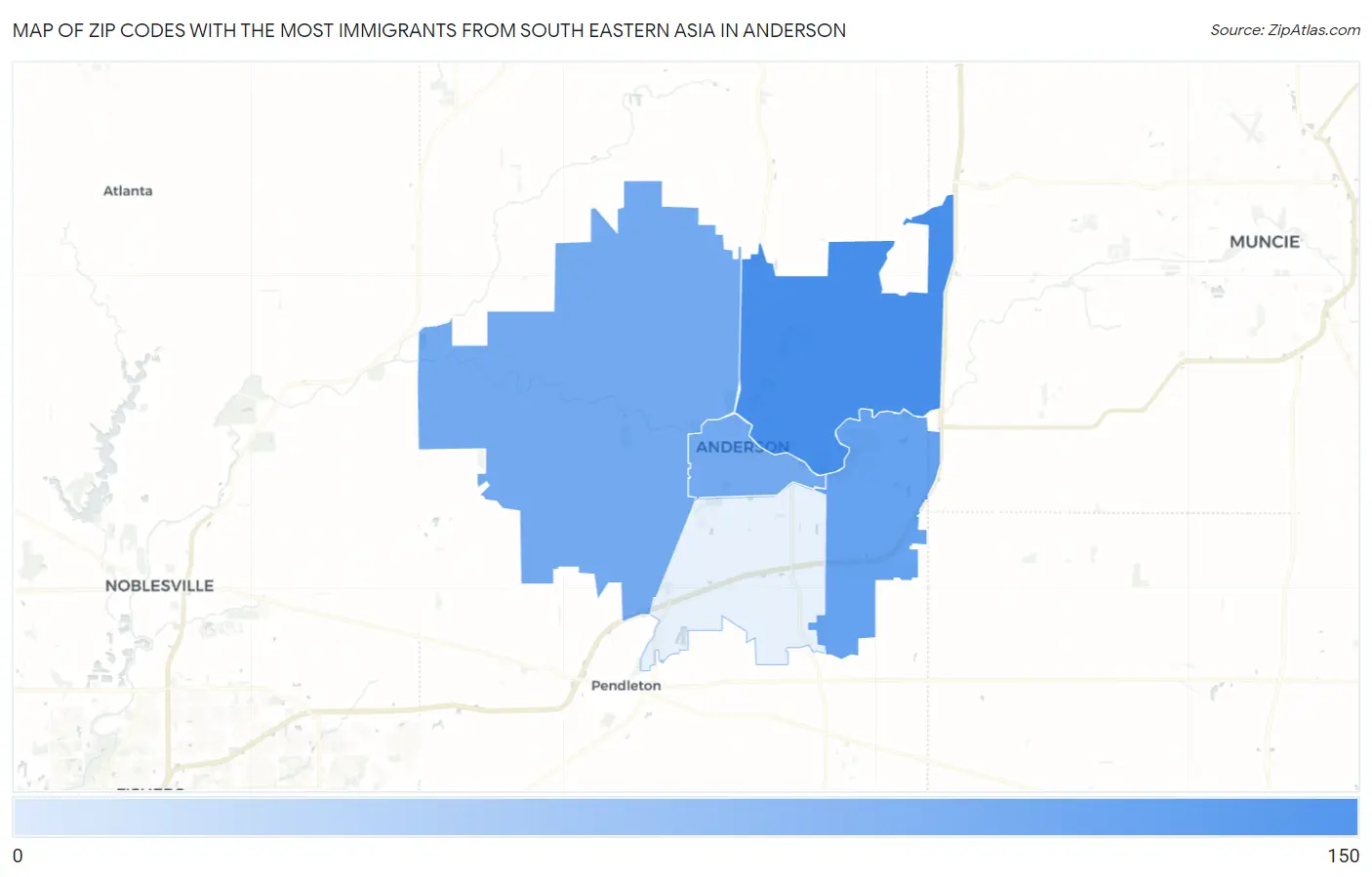 Zip Codes with the Most Immigrants from South Eastern Asia in Anderson Map