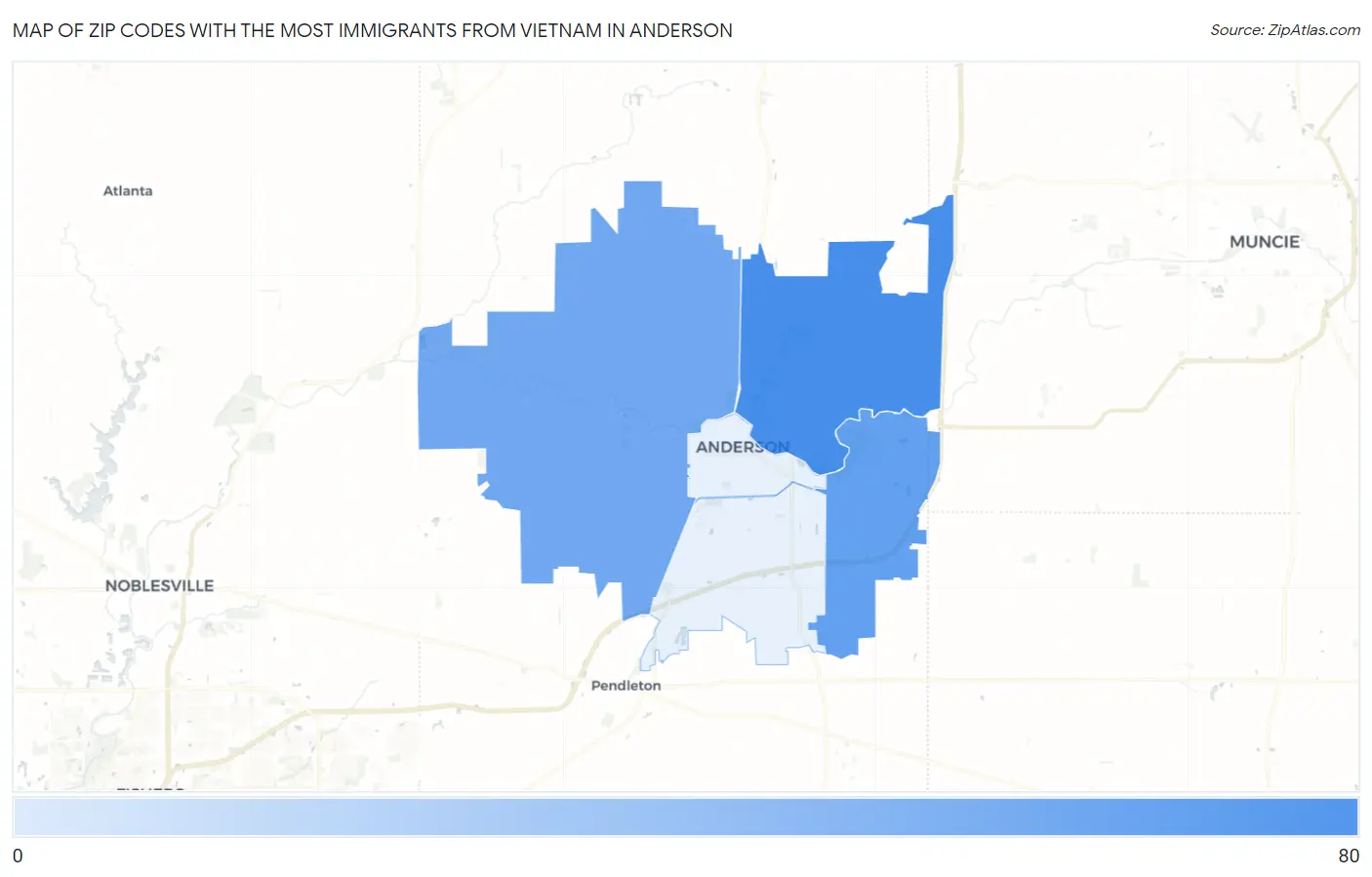 Zip Codes with the Most Immigrants from Vietnam in Anderson Map