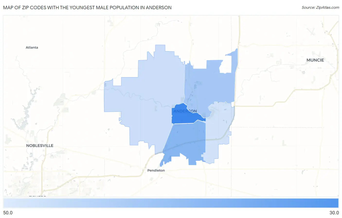 Zip Codes with the Youngest Male Population in Anderson Map