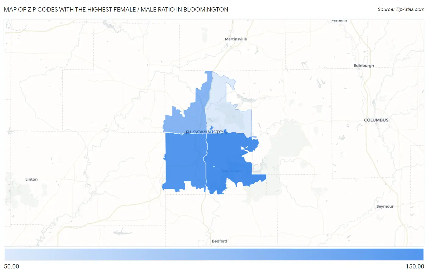 Zip Codes with the Highest Female / Male Ratio in Bloomington Map