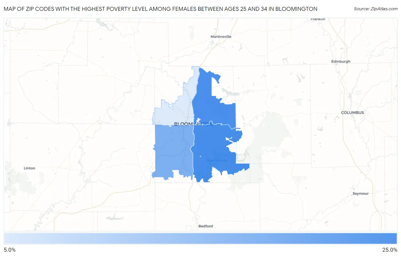 Zip Codes with the Highest Poverty Level Among Females Between Ages 25 and 34 in Bloomington Map