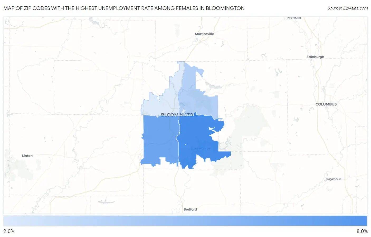 Zip Codes with the Highest Unemployment Rate Among Females in Bloomington Map