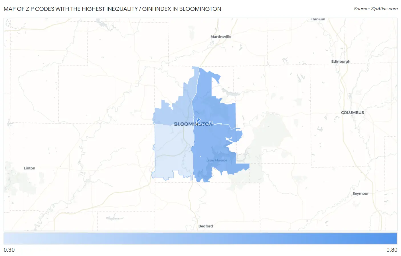 Zip Codes with the Highest Inequality / Gini Index in Bloomington Map