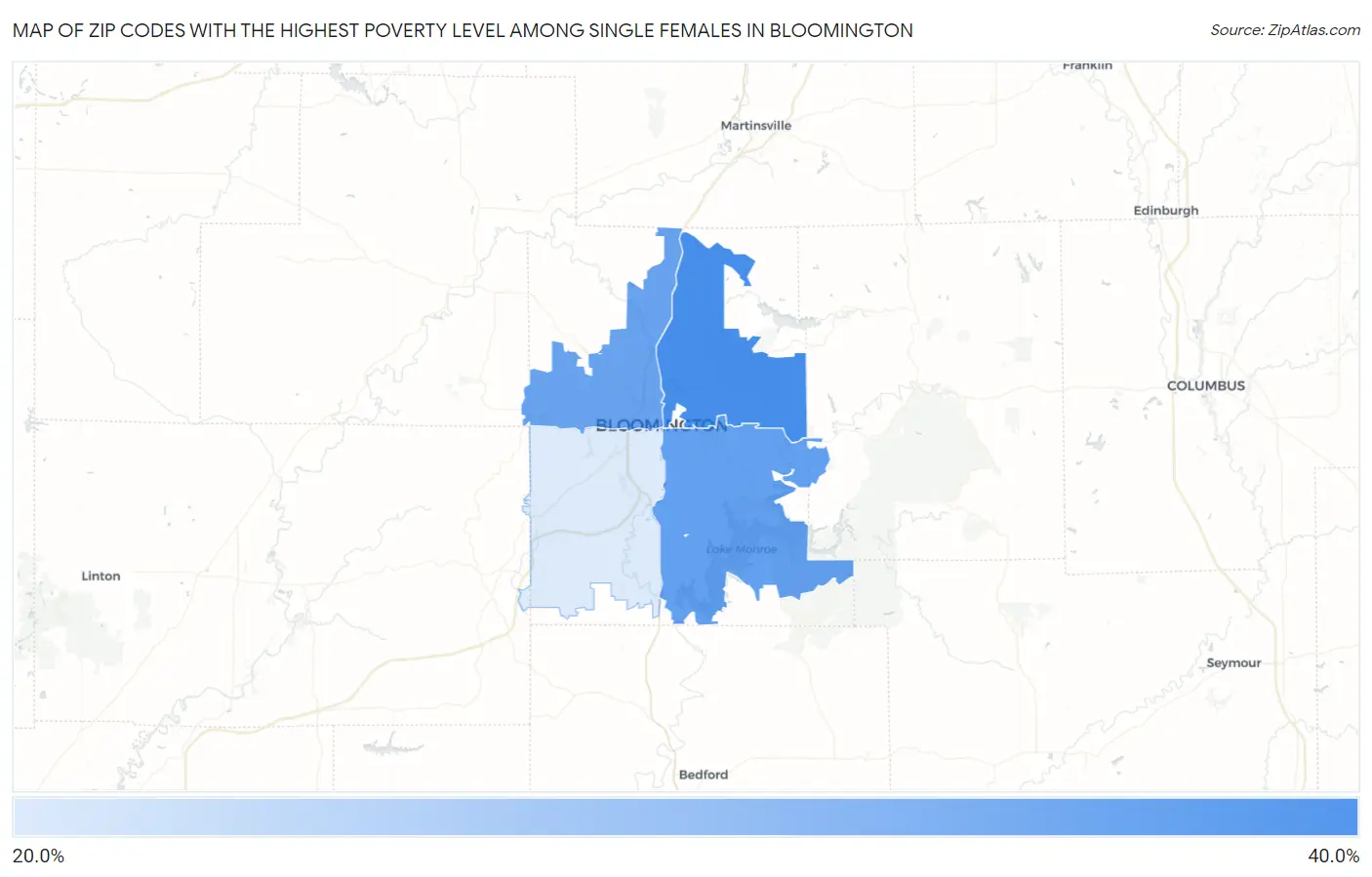 Zip Codes with the Highest Poverty Level Among Single Females in Bloomington Map