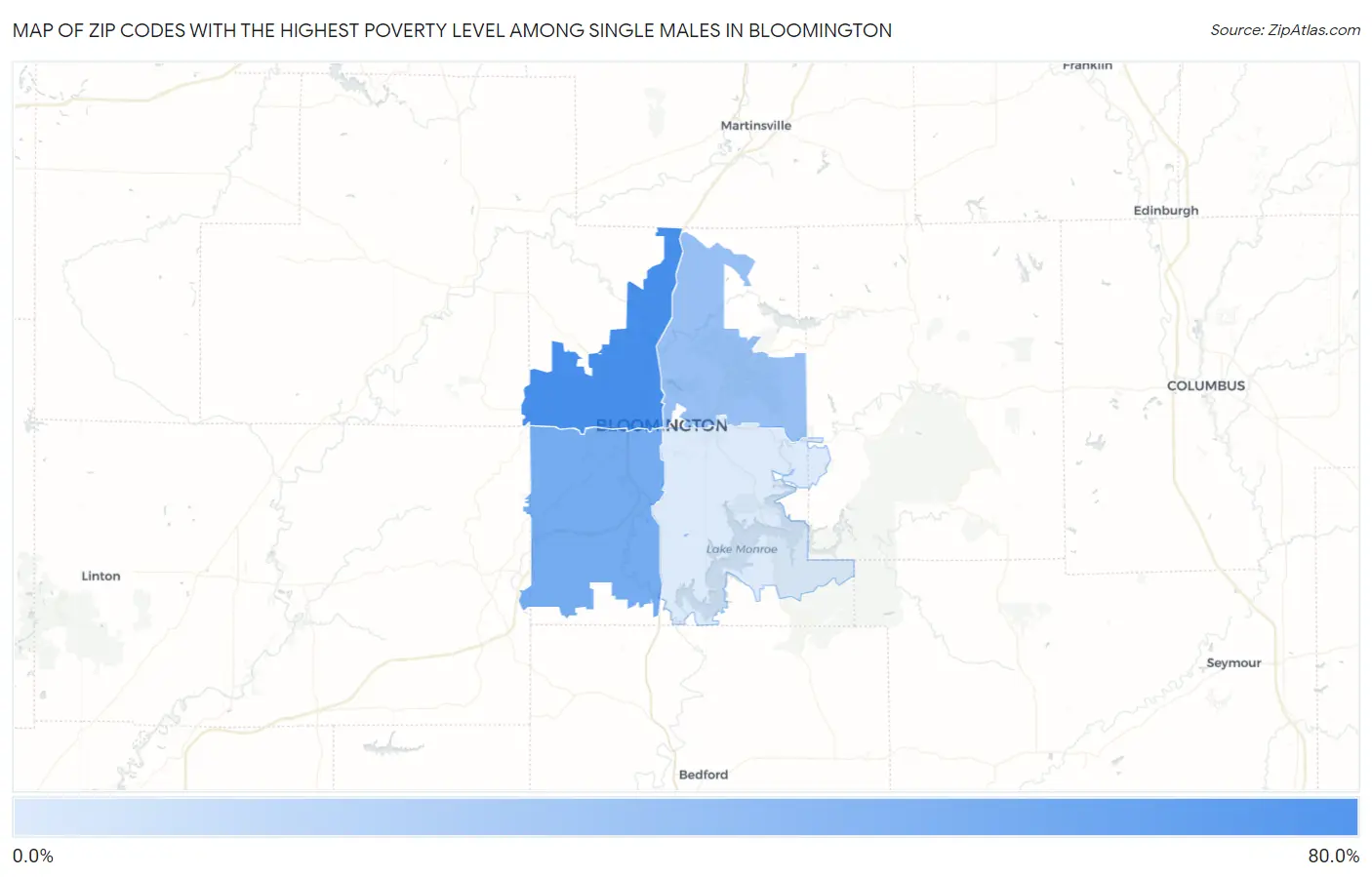 Zip Codes with the Highest Poverty Level Among Single Males in Bloomington Map