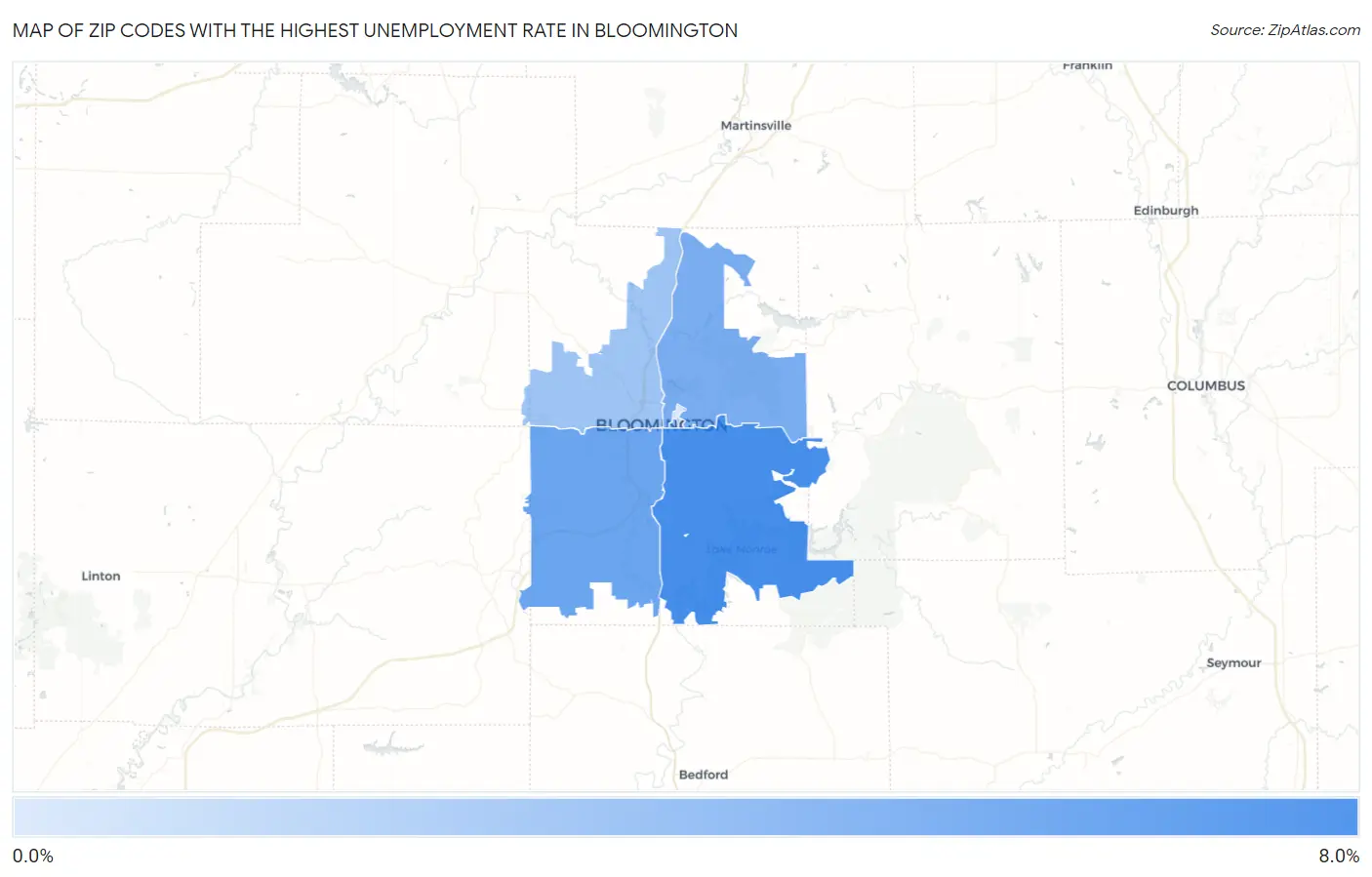 Zip Codes with the Highest Unemployment Rate in Bloomington Map