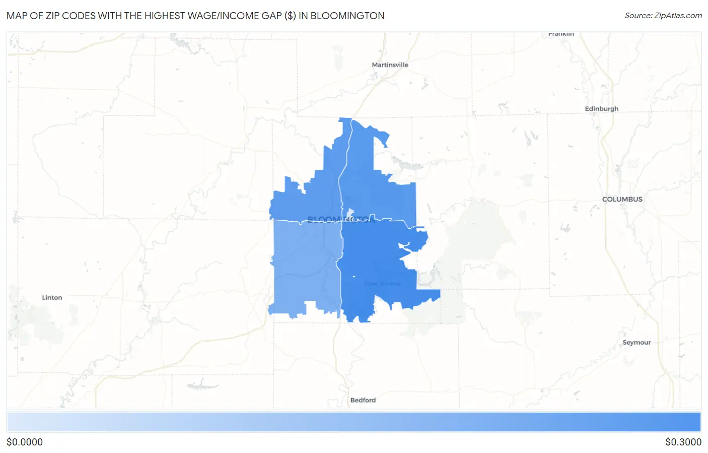 Zip Codes with the Highest Wage/Income Gap ($) in Bloomington Map