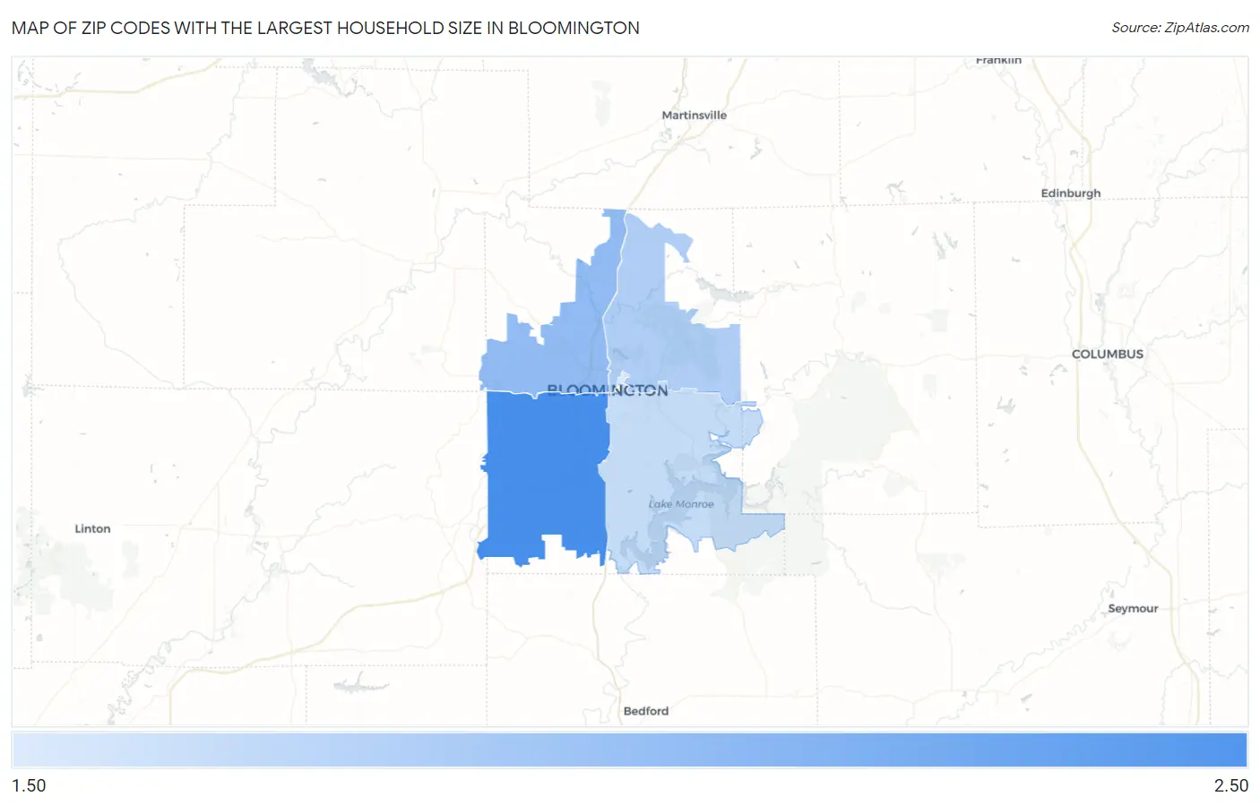 Zip Codes with the Largest Household Size in Bloomington Map