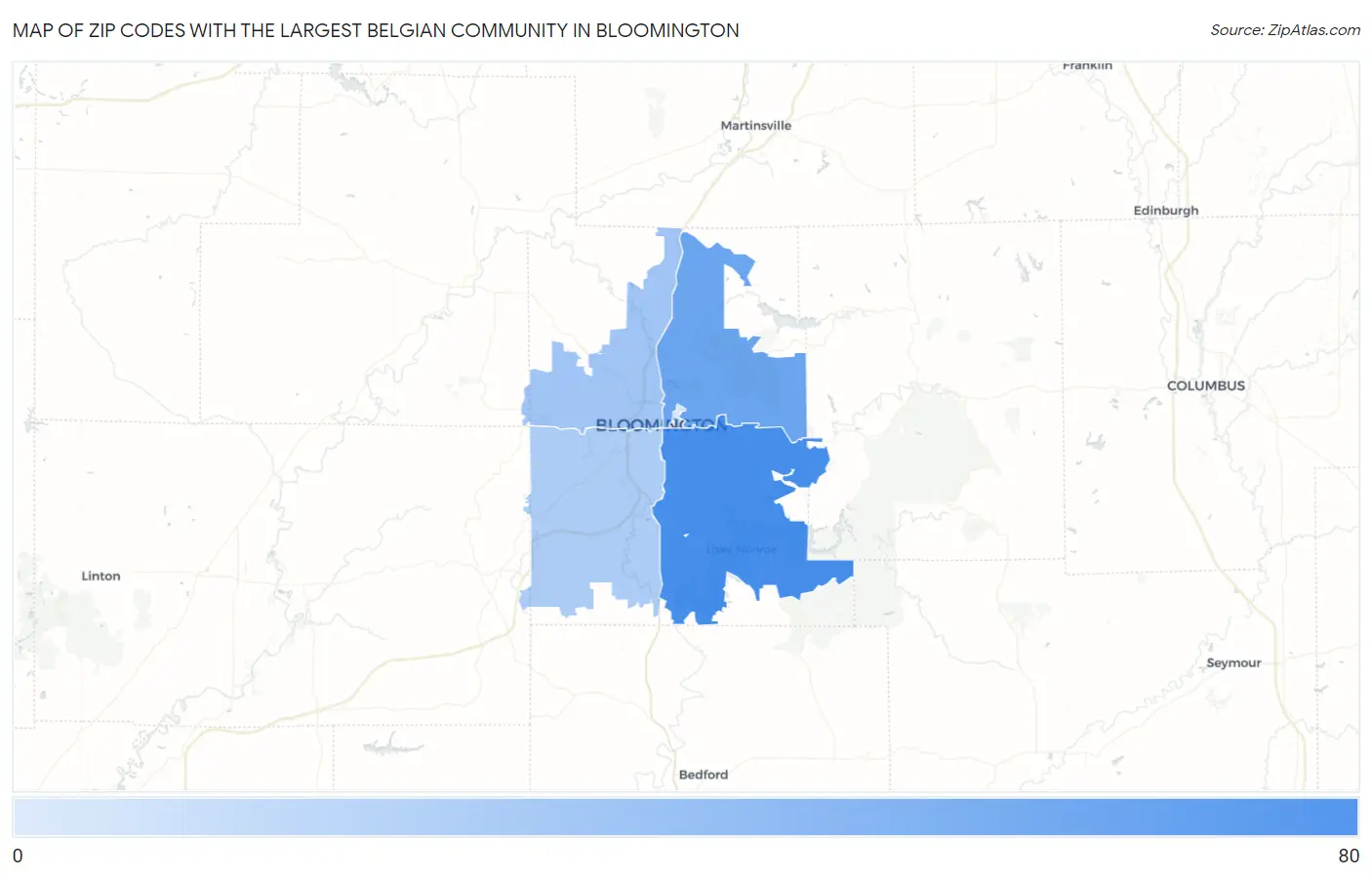 Zip Codes with the Largest Belgian Community in Bloomington Map