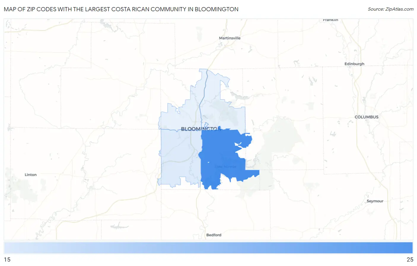 Zip Codes with the Largest Costa Rican Community in Bloomington Map