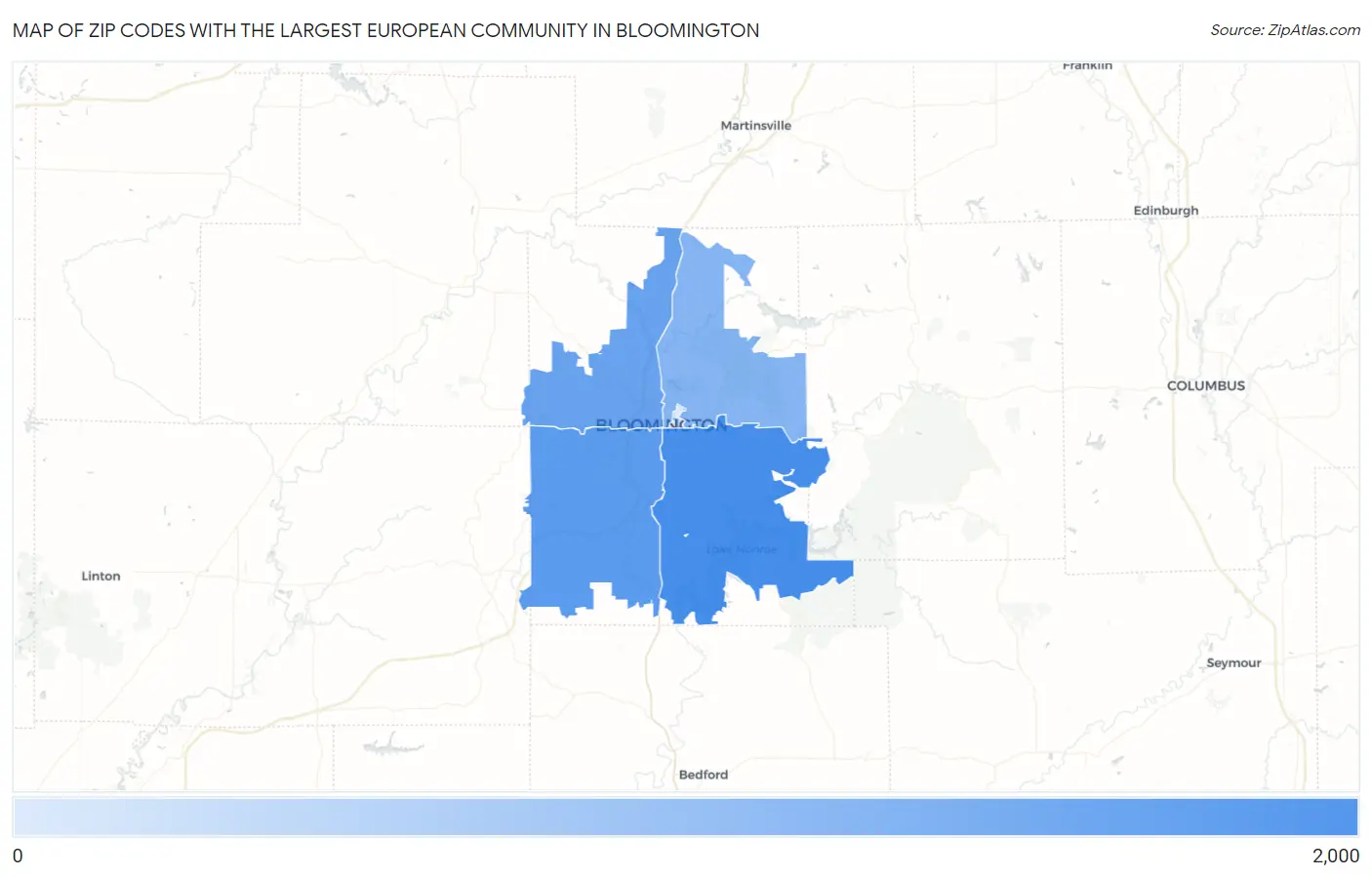 Zip Codes with the Largest European Community in Bloomington Map