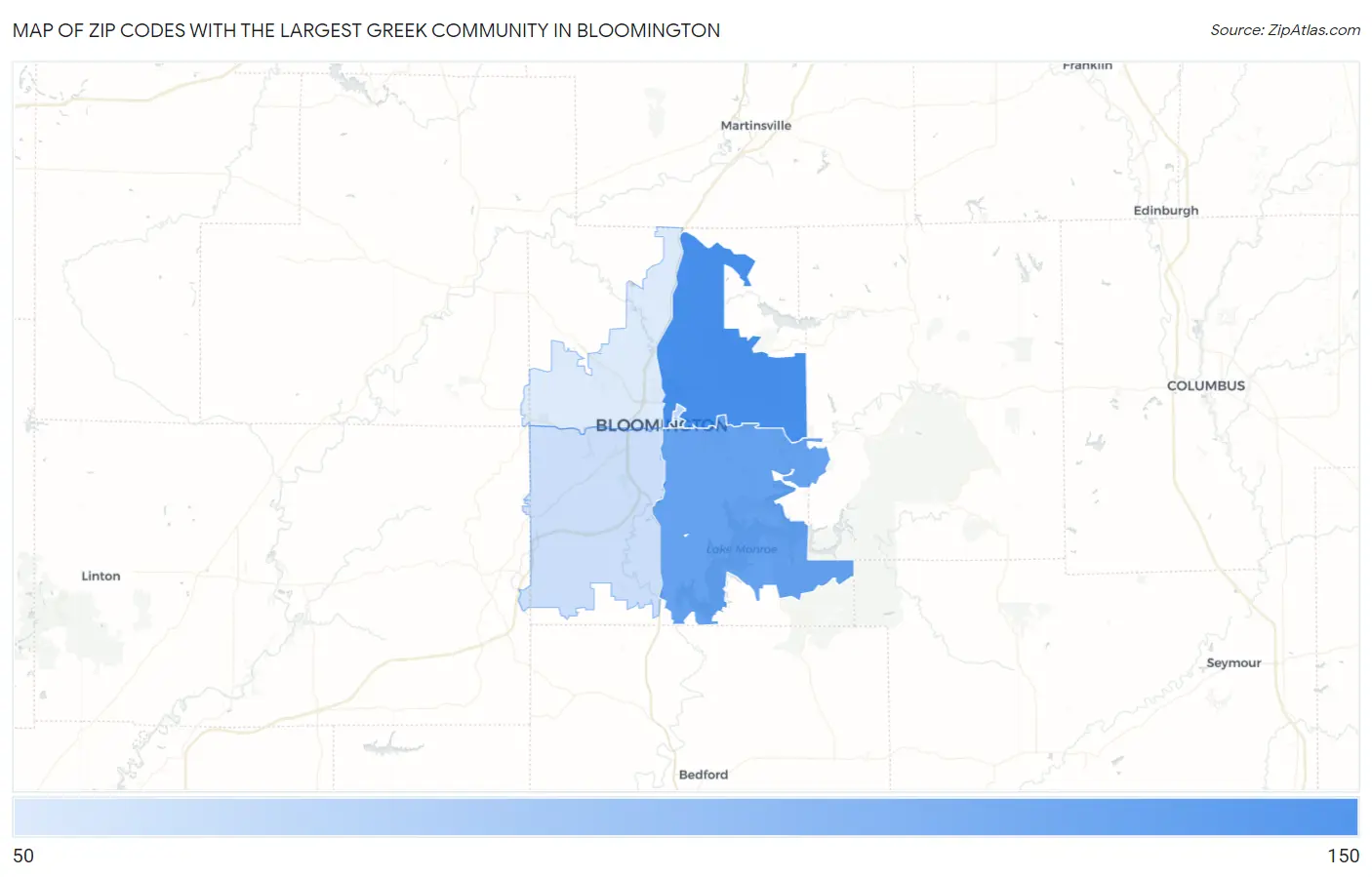 Zip Codes with the Largest Greek Community in Bloomington Map