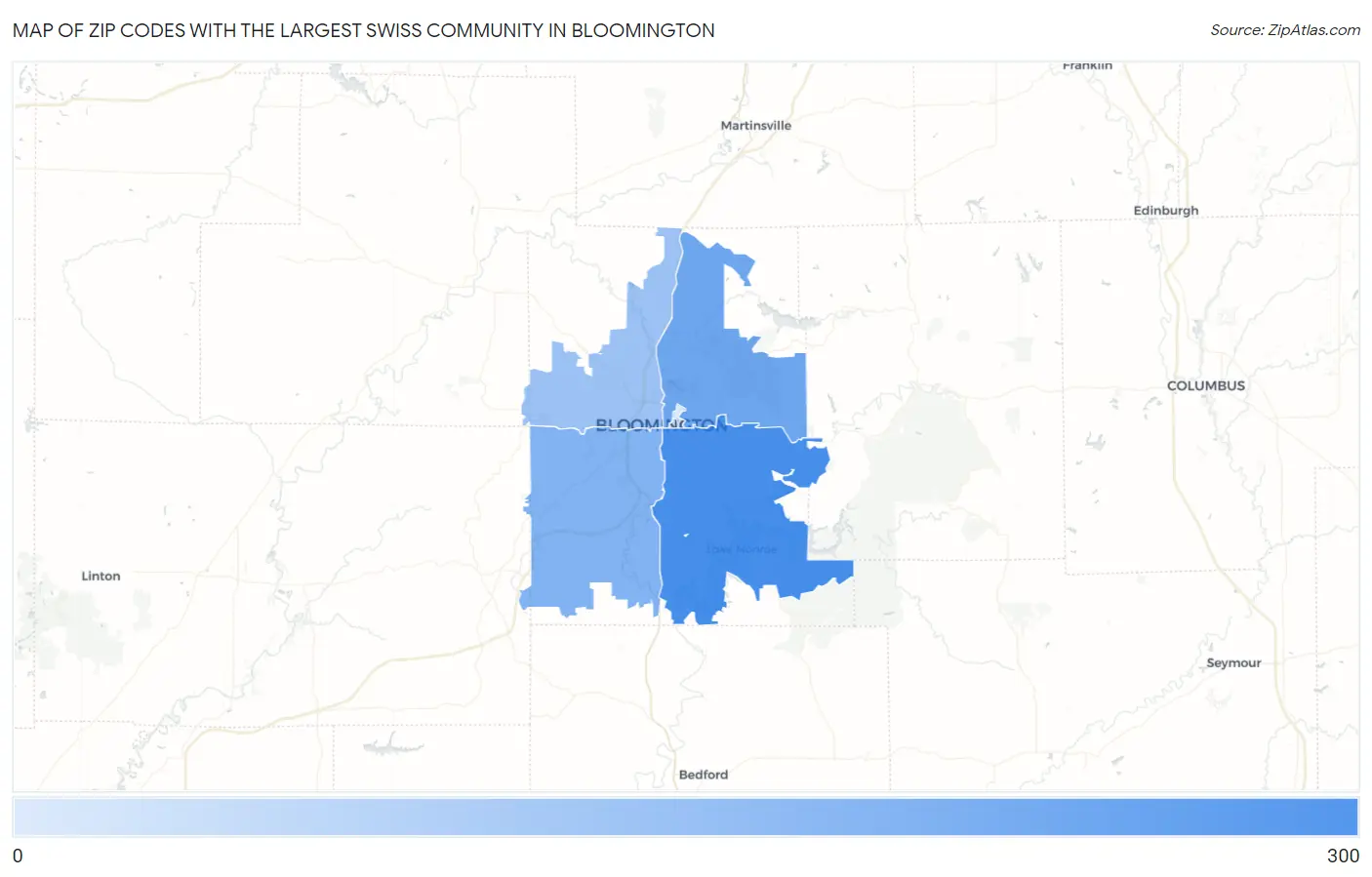 Zip Codes with the Largest Swiss Community in Bloomington Map