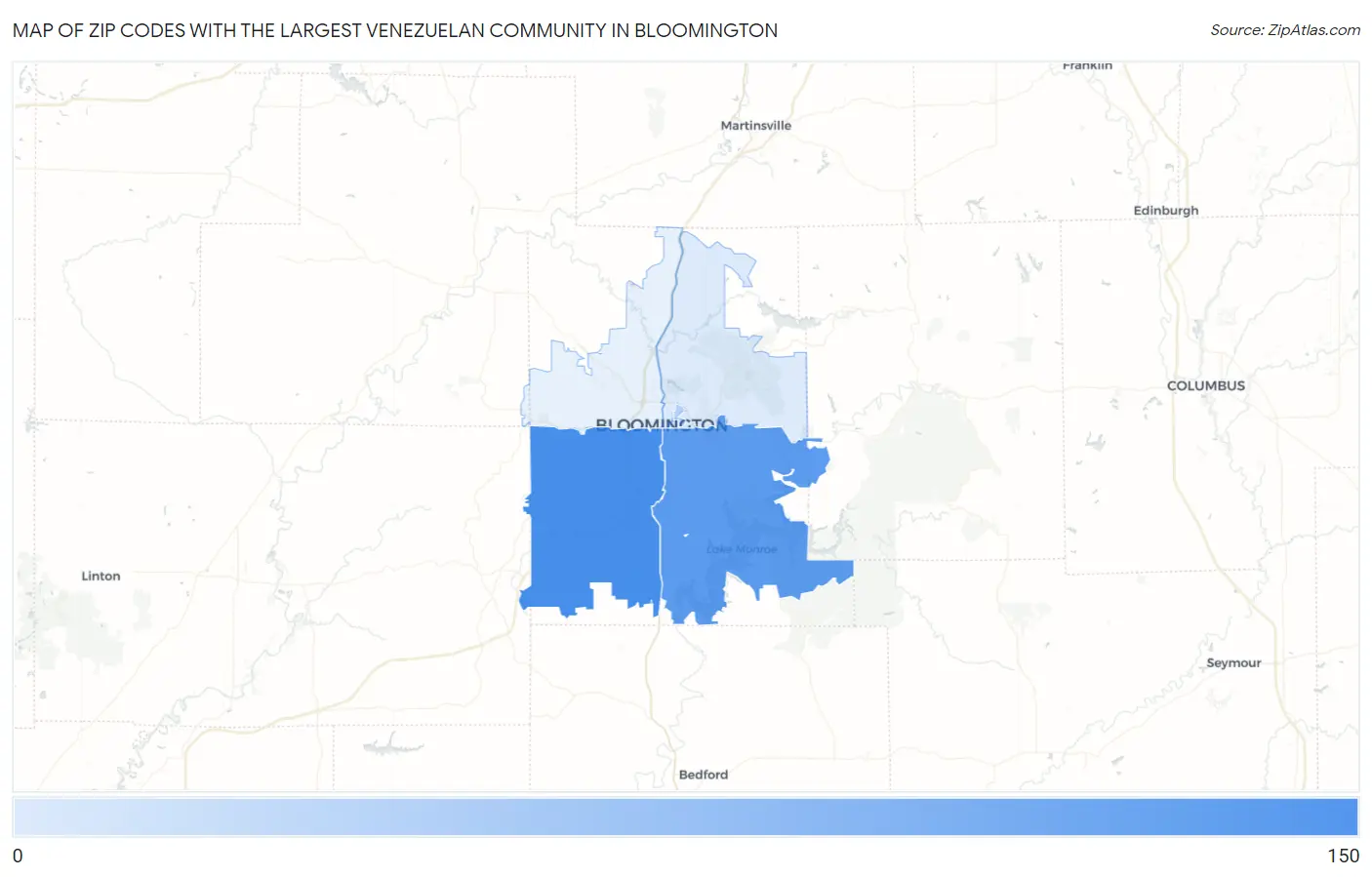 Zip Codes with the Largest Venezuelan Community in Bloomington Map