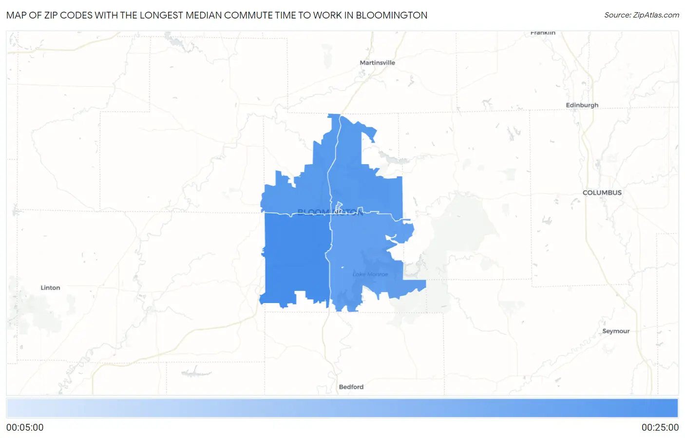 Zip Codes with the Longest Median Commute Time to Work in Bloomington Map