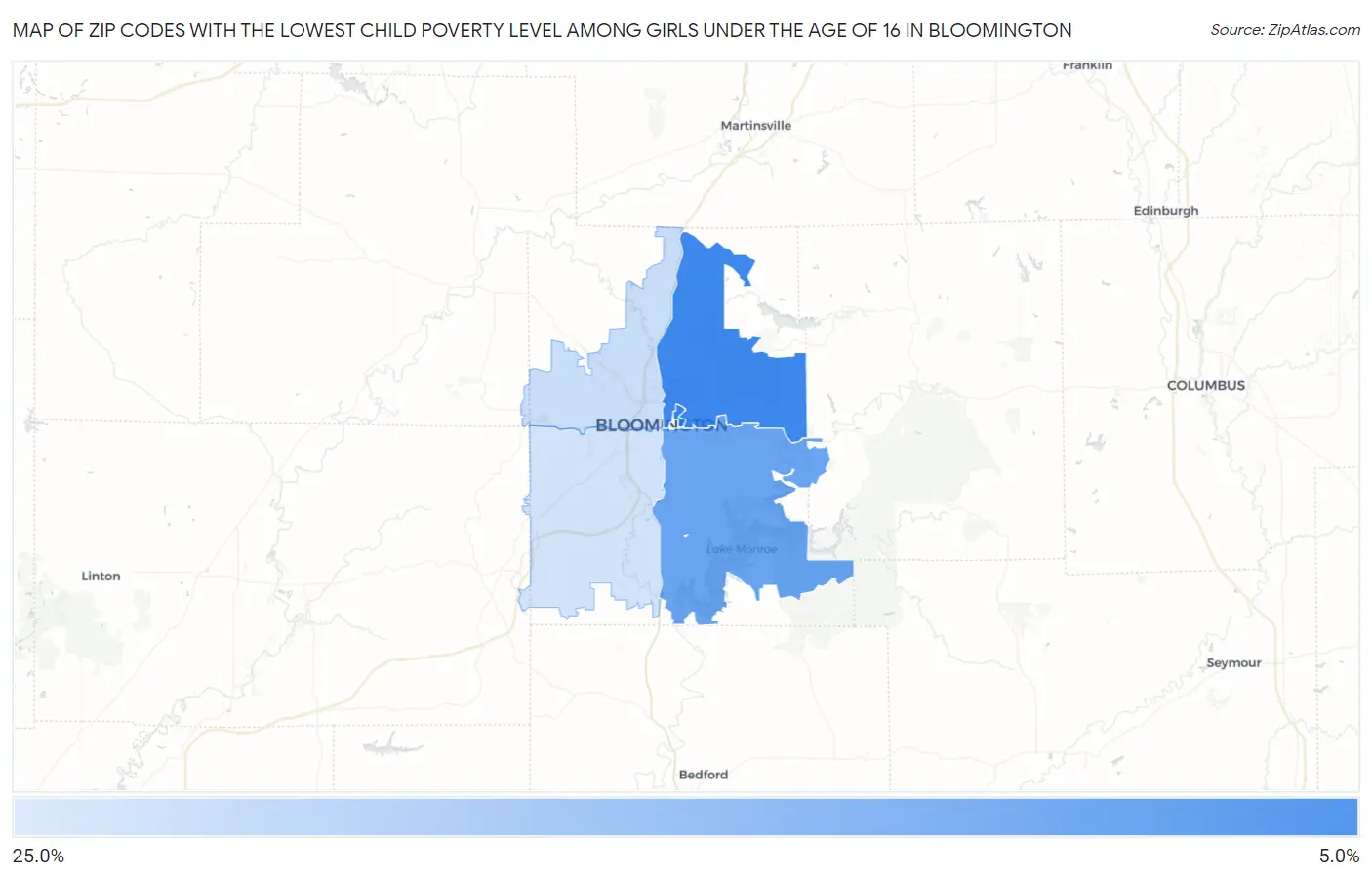 Zip Codes with the Lowest Child Poverty Level Among Girls Under the Age of 16 in Bloomington Map