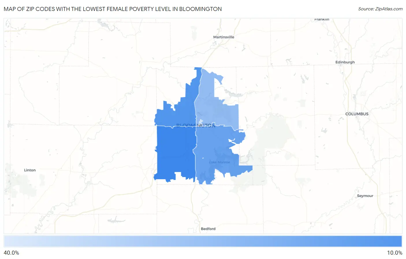 Zip Codes with the Lowest Female Poverty Level in Bloomington Map