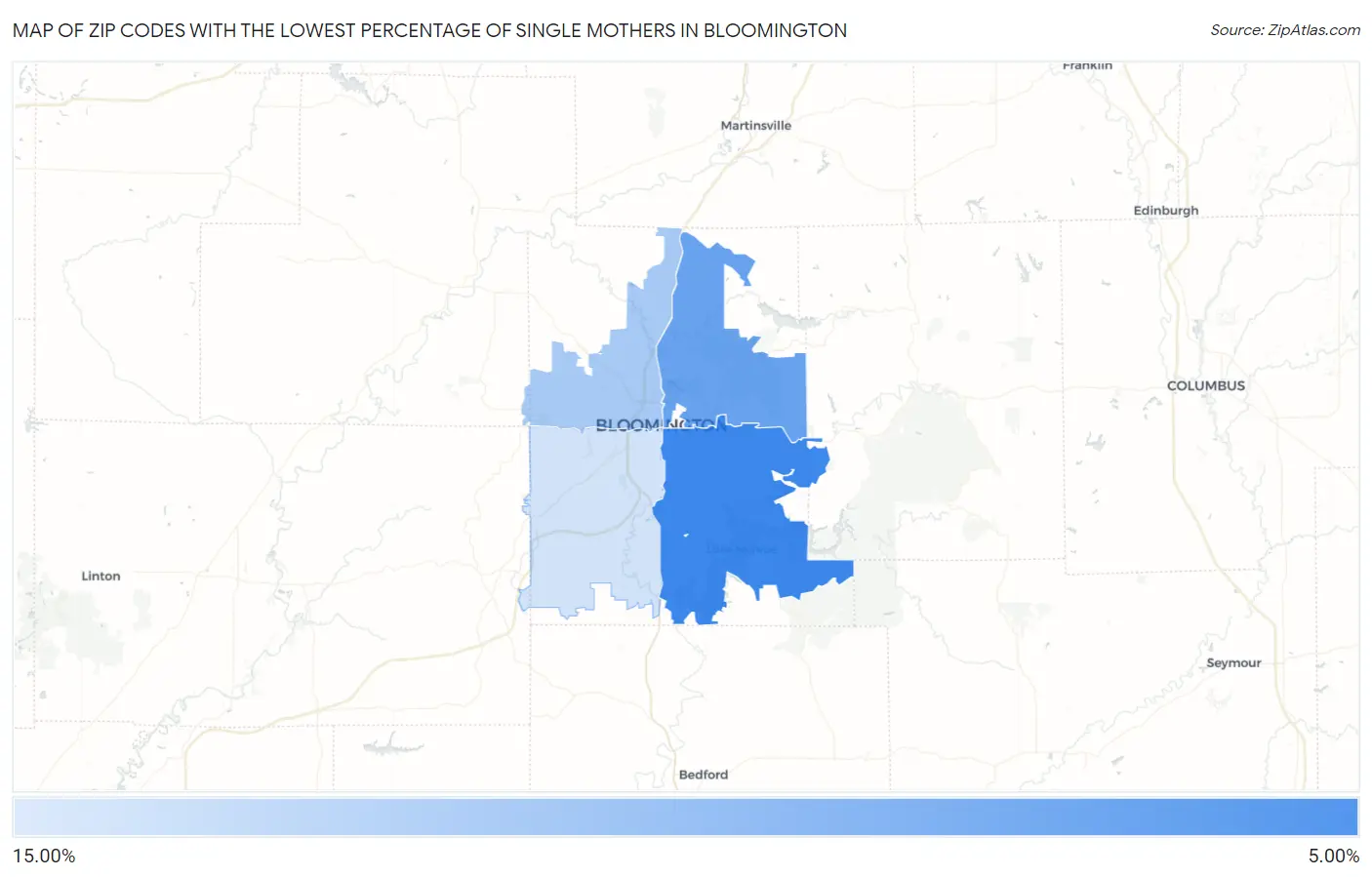 Zip Codes with the Lowest Percentage of Single Mothers in Bloomington Map