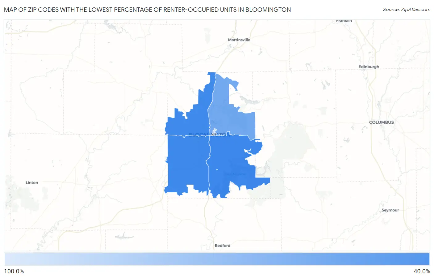 Zip Codes with the Lowest Percentage of Renter-Occupied Units in Bloomington Map