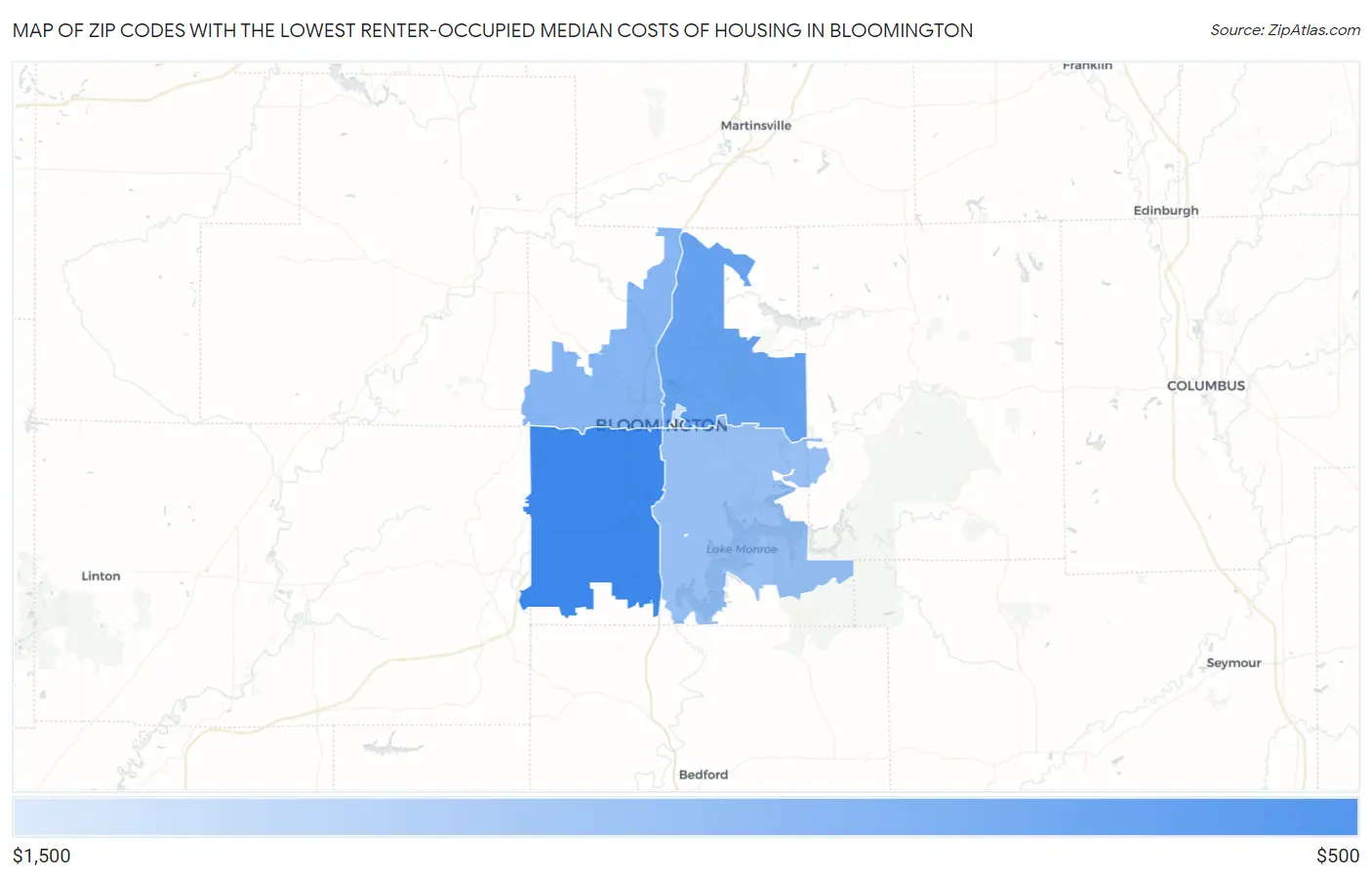 Zip Codes with the Lowest Renter-Occupied Median Costs of Housing in Bloomington Map