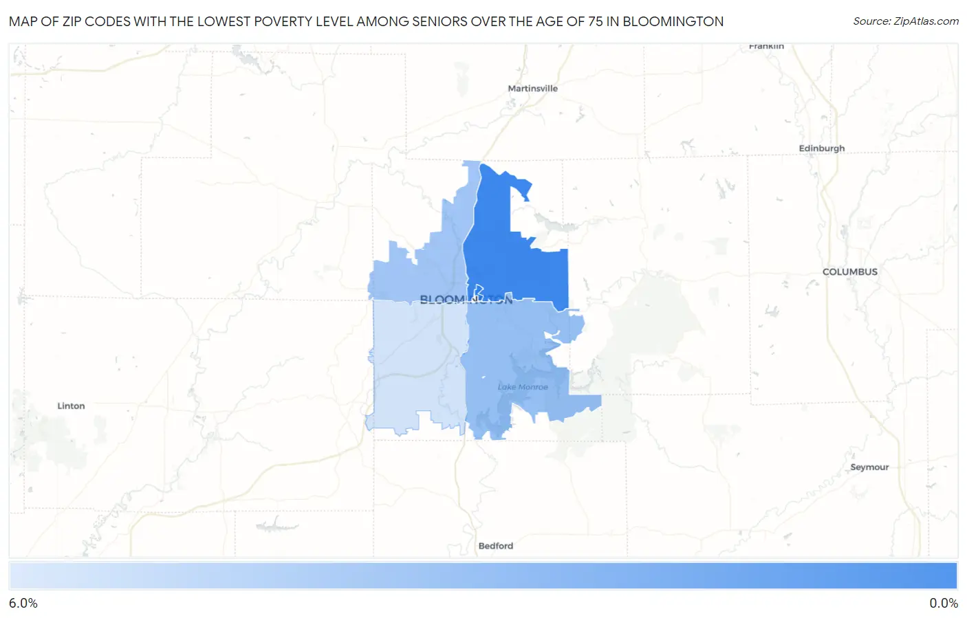 Zip Codes with the Lowest Poverty Level Among Seniors Over the Age of 75 in Bloomington Map