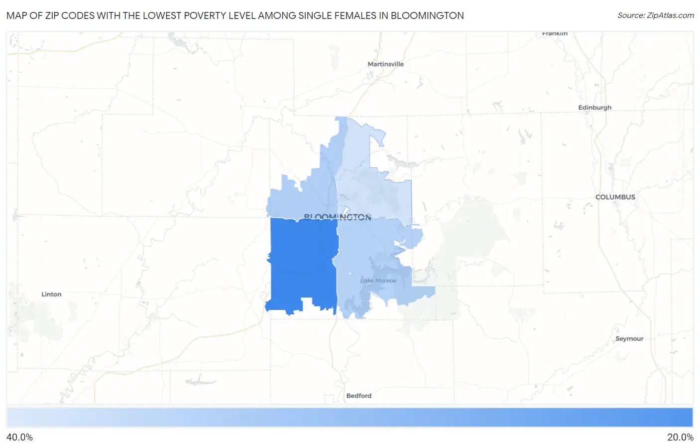 Zip Codes with the Lowest Poverty Level Among Single Females in Bloomington Map