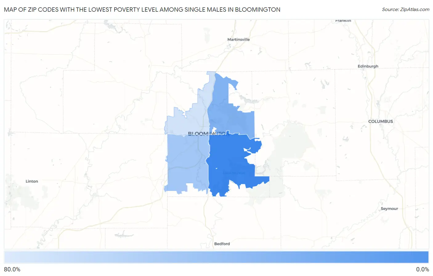 Zip Codes with the Lowest Poverty Level Among Single Males in Bloomington Map