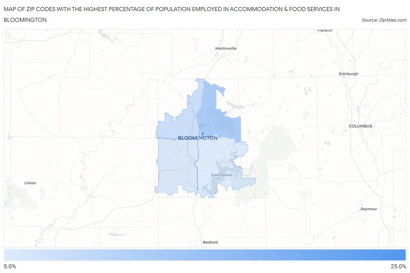 Zip Codes with the Highest Percentage of Population Employed in Accommodation & Food Services in Bloomington Map