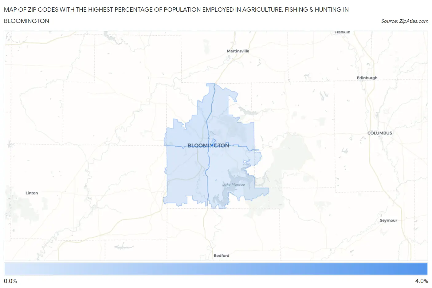 Zip Codes with the Highest Percentage of Population Employed in Agriculture, Fishing & Hunting in Bloomington Map