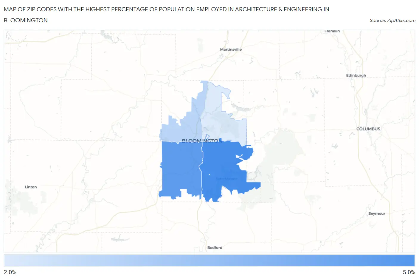 Zip Codes with the Highest Percentage of Population Employed in Architecture & Engineering in Bloomington Map