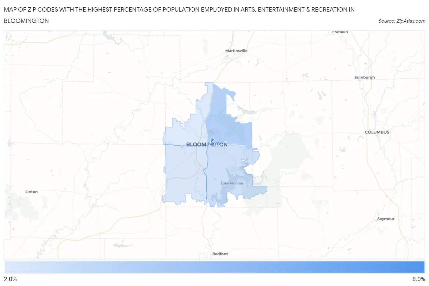 Zip Codes with the Highest Percentage of Population Employed in Arts, Entertainment & Recreation in Bloomington Map