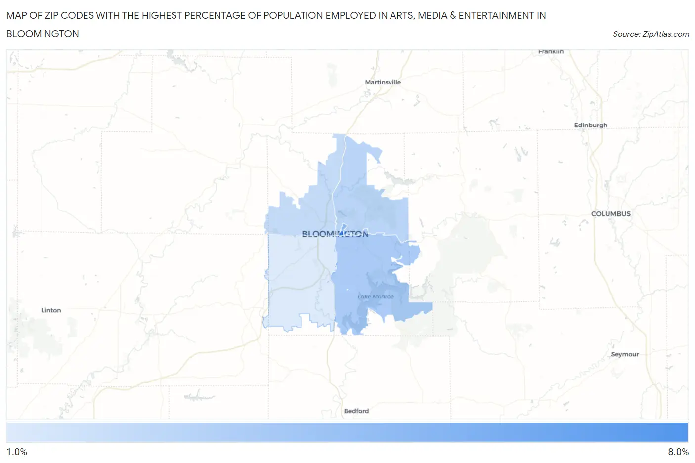 Zip Codes with the Highest Percentage of Population Employed in Arts, Media & Entertainment in Bloomington Map