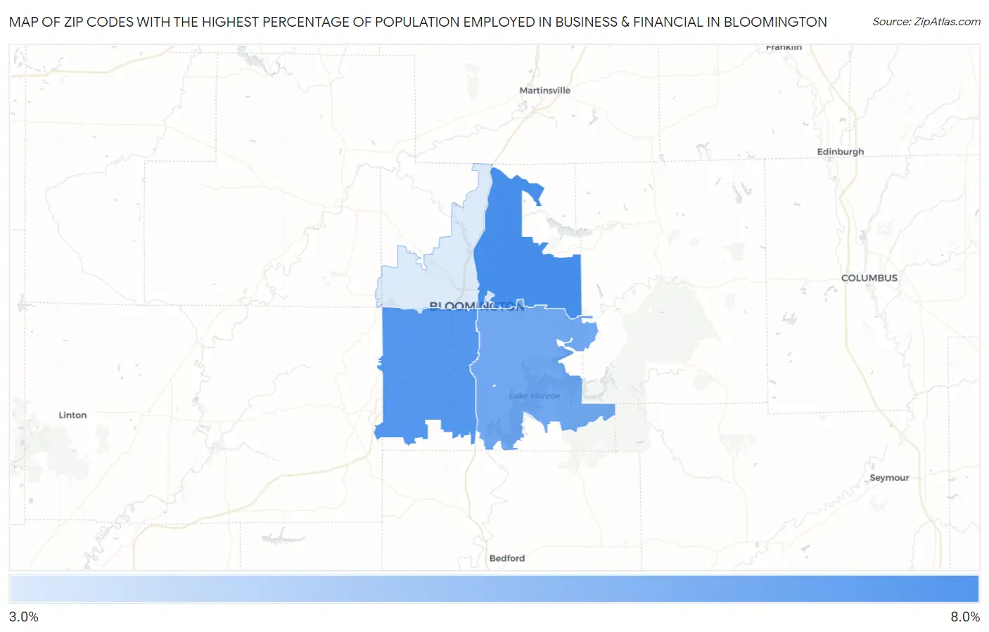 Zip Codes with the Highest Percentage of Population Employed in Business & Financial in Bloomington Map