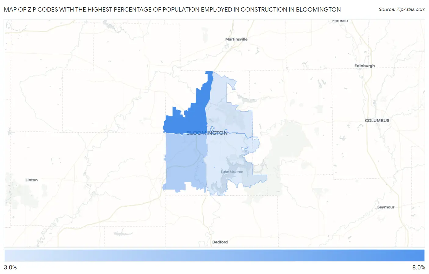 Zip Codes with the Highest Percentage of Population Employed in Construction in Bloomington Map