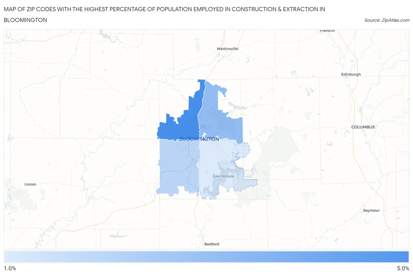 Zip Codes with the Highest Percentage of Population Employed in Construction & Extraction in Bloomington Map